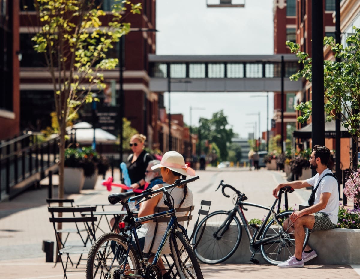 Urban street with cyclists and walkers